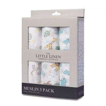 The Little Linen Co Muslin Wrap 3 Pack - Safari Bear