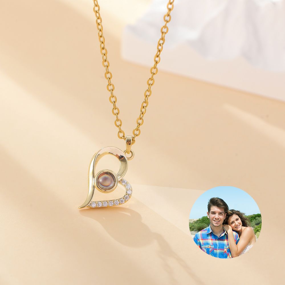 Personalised gold heart necklace with hidden photo projection – custom jewellery gift for her