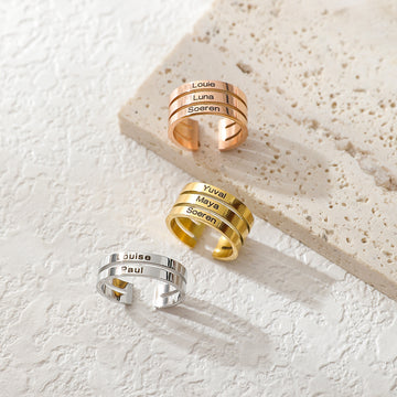Personalised open ring with multiple engraved names in gold, silver, and rose gold – elegant family or friendship gift for her.