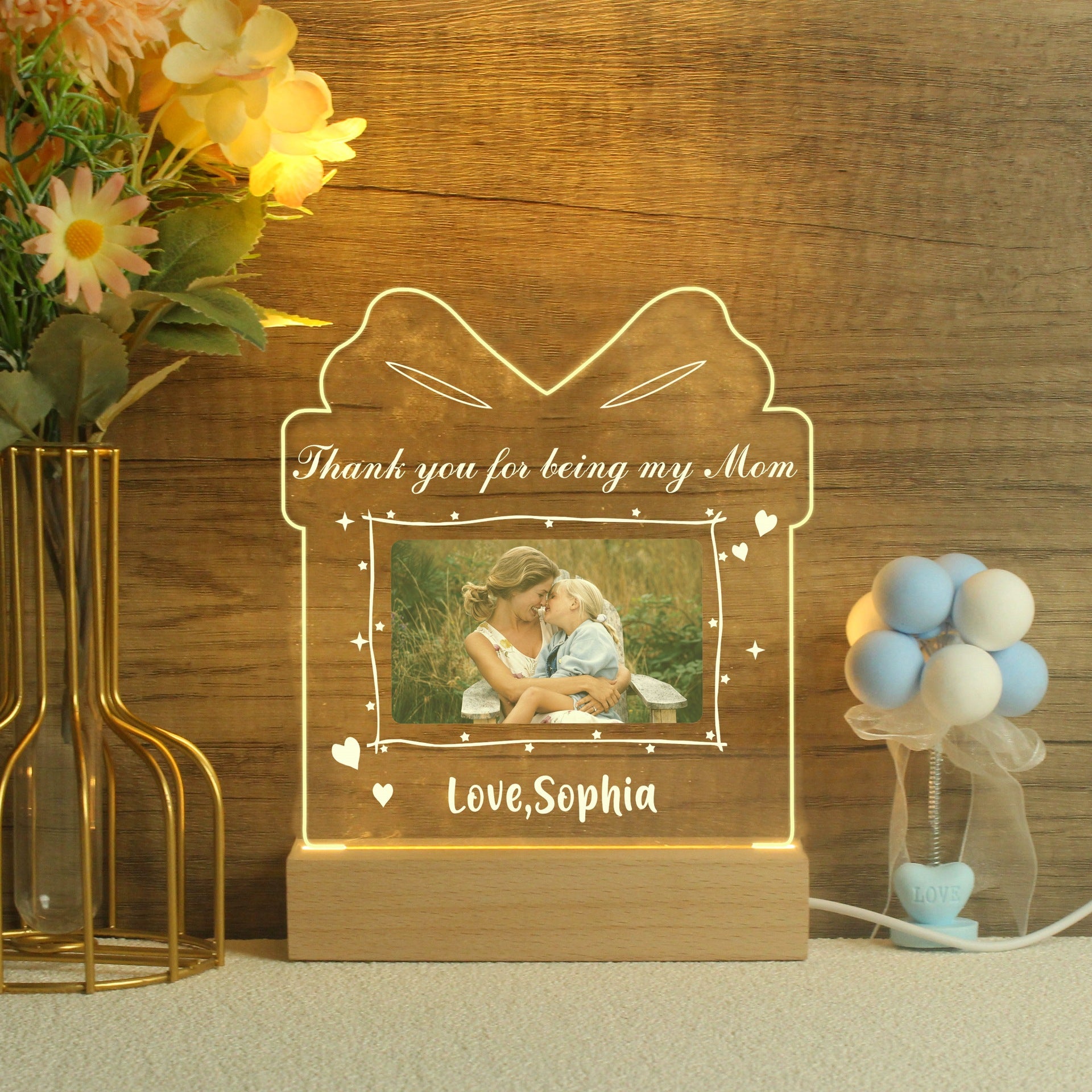 Custom acrylic night light with engraved name and personalised photo – glowing gift for baby, birthday or special occasion