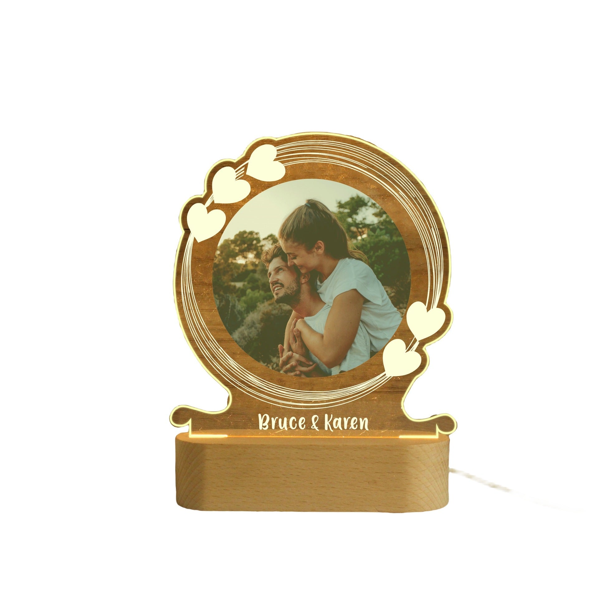 Close-up of custom photo engraved on acrylic night light