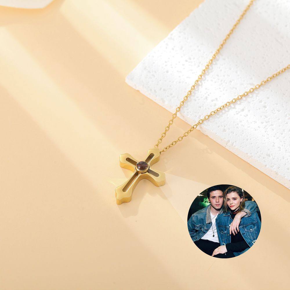 Personalised cross necklace with hidden photo projection – custom jewellery gift of faith and memory