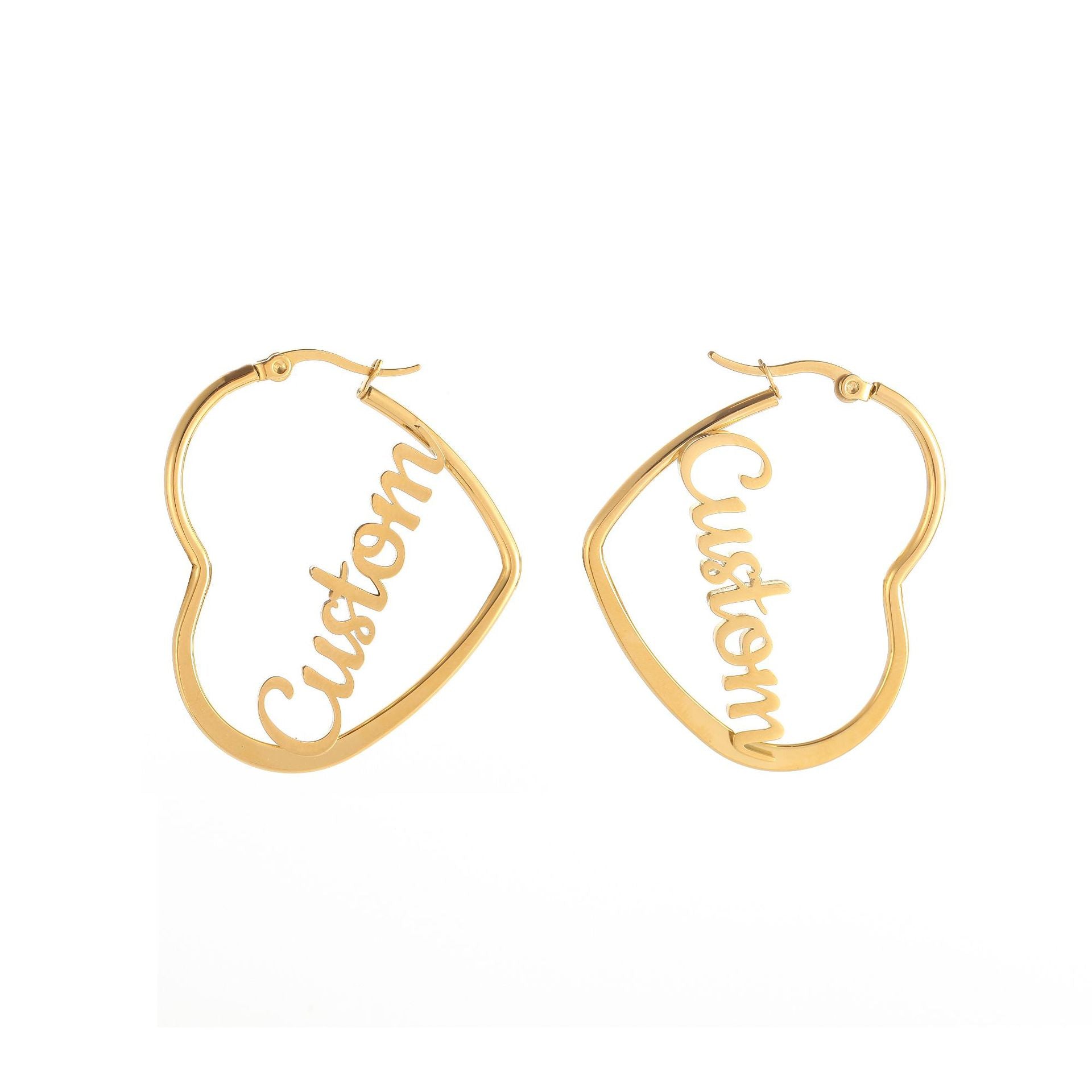 Personalized heart hoop earrings with custom name design in gold finish – thoughtful gift for her