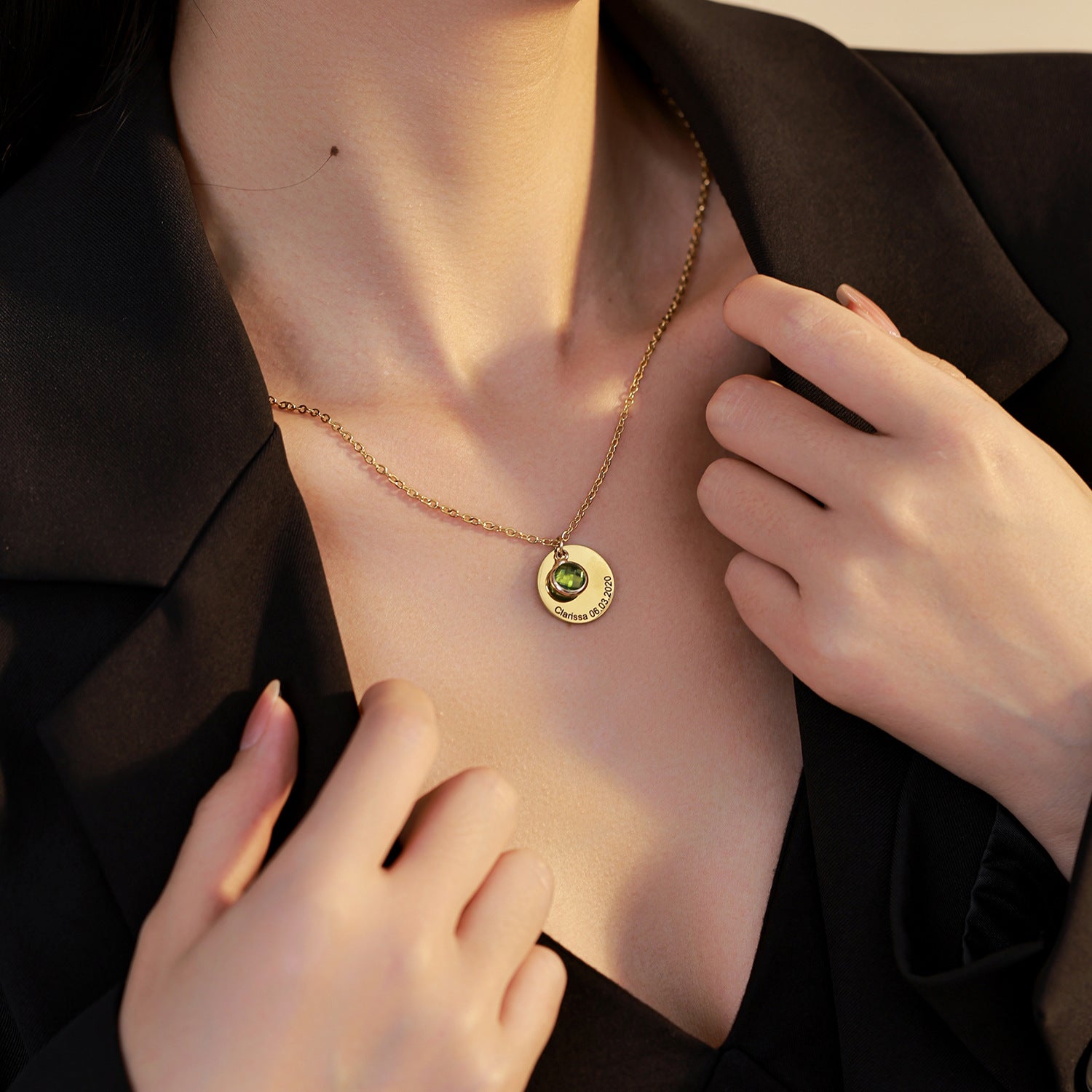 Woman wearing engraved name and crystal necklace – chic everyday jewellery