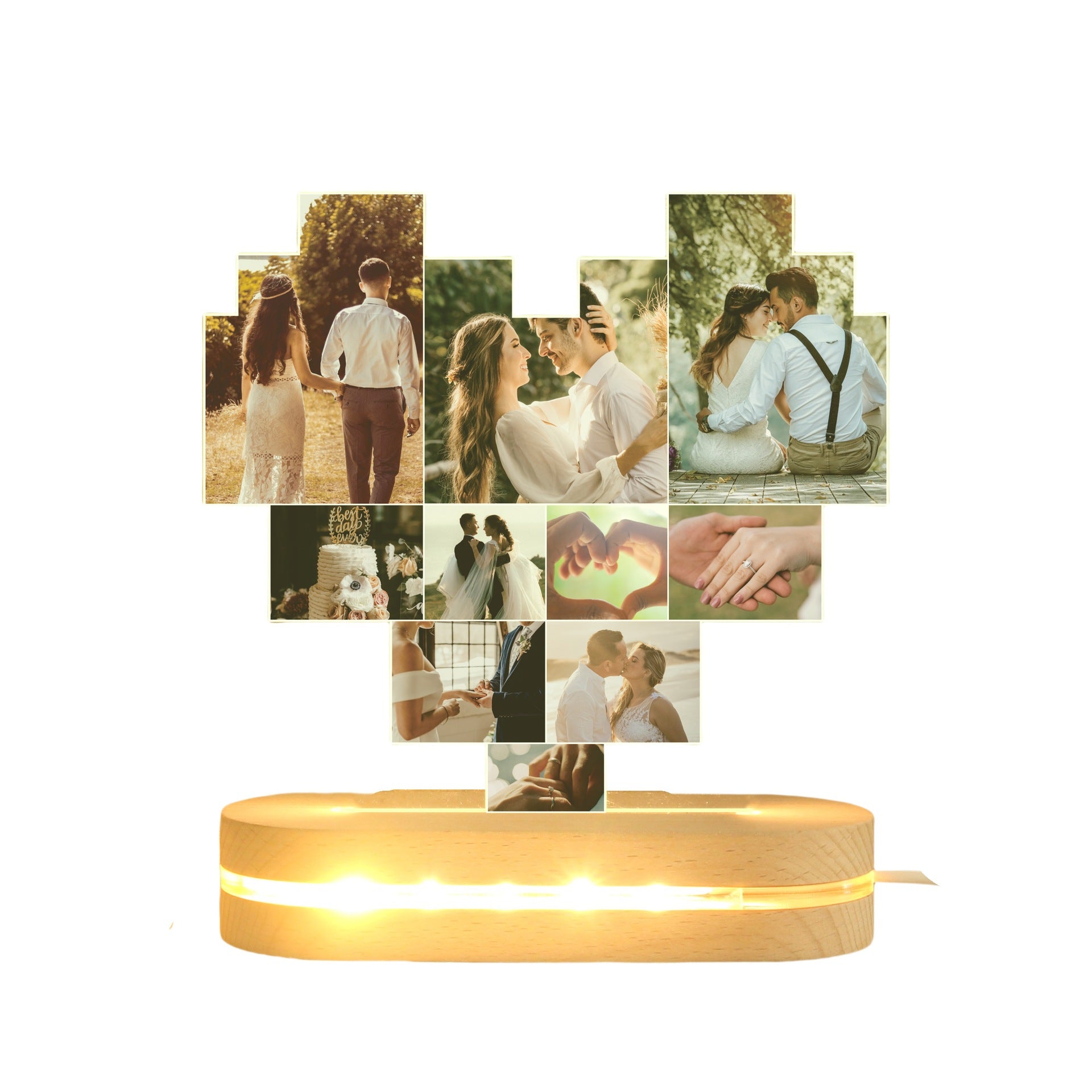 Close-up of engraved heart night light with three custom photos