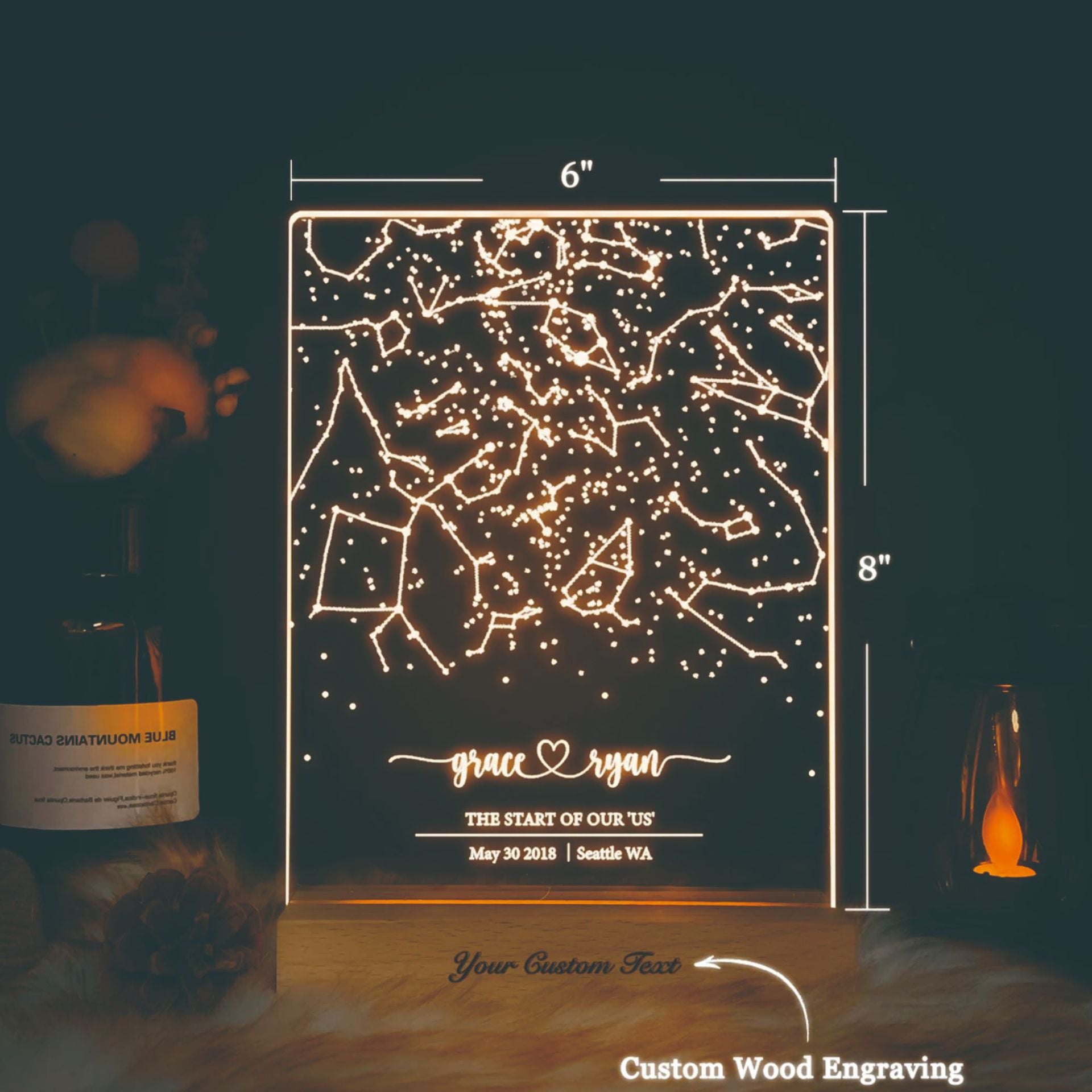 Engraved constellation night light showing stars on a special date – anniversary keepsake for girlfriend or wife