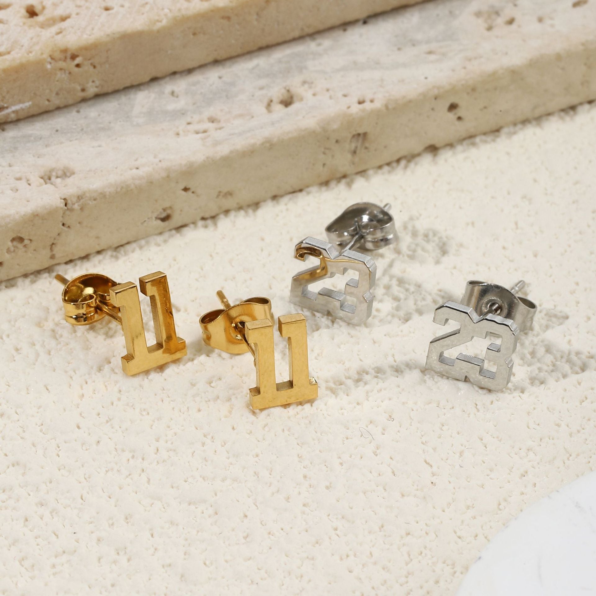 Gold and silver personalized number stud earrings – stainless-steel minimalist jewelry gift for women