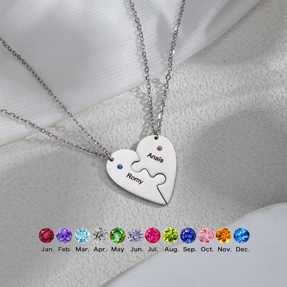 Personalised puzzle heart necklace with birthstones – custom family gift for mum
