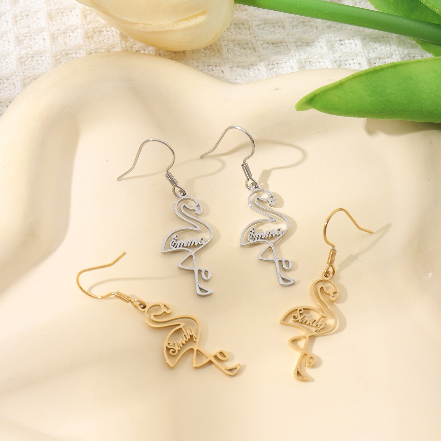 Personalised flamingo-shaped stainless steel earrings with custom engraved name – fun and elegant animal drop earrings gift for her.