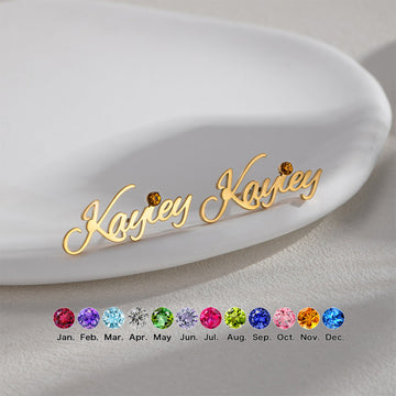 Personalised gold name stud earrings with custom script and birthstone crystal for each month – elegant stainless steel gift for her.