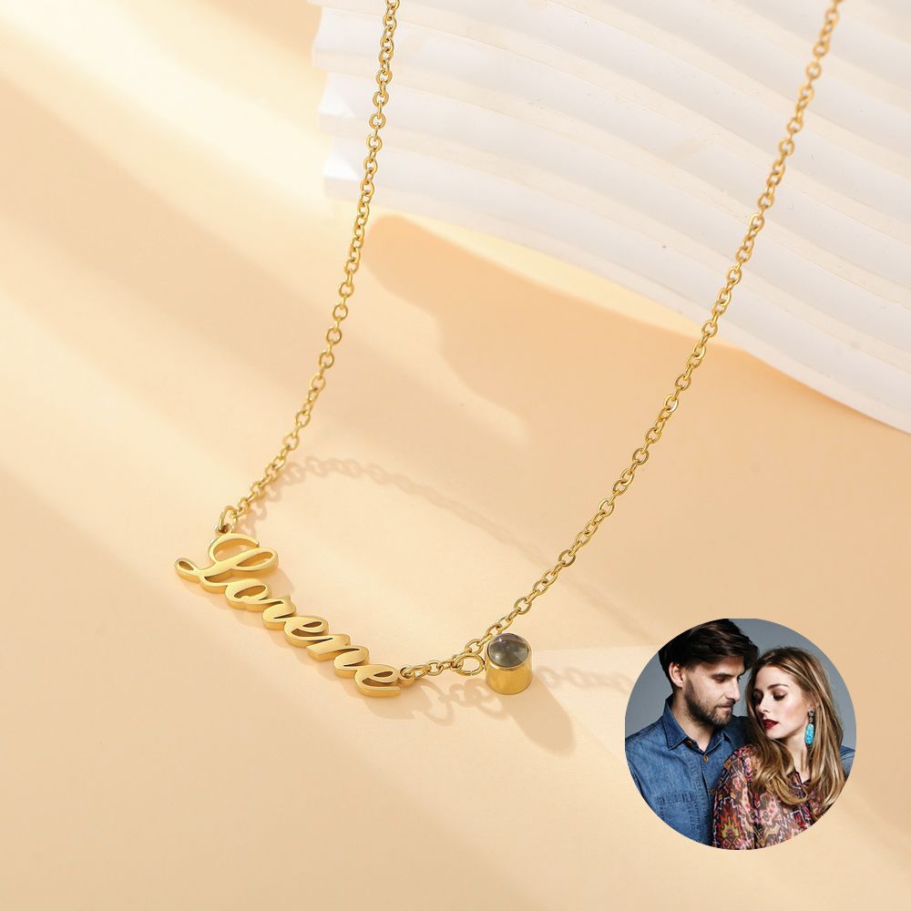Personalised name necklace with hidden photo projection – custom jewellery gift for her