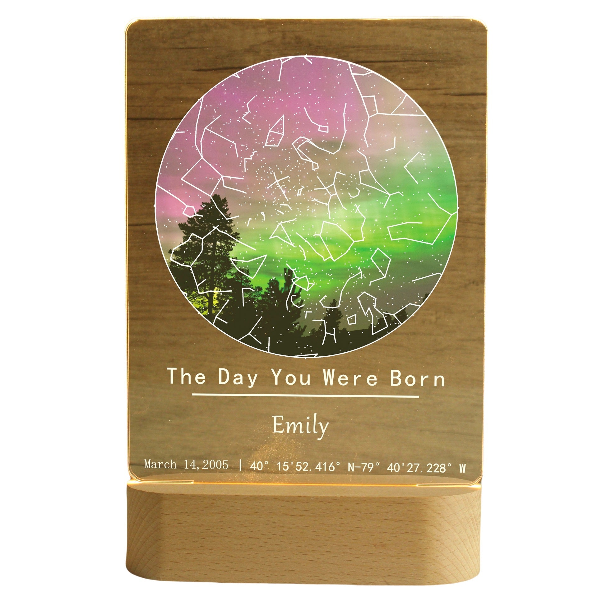 Close-up of engraved star map and aurora design with custom names and coordinates