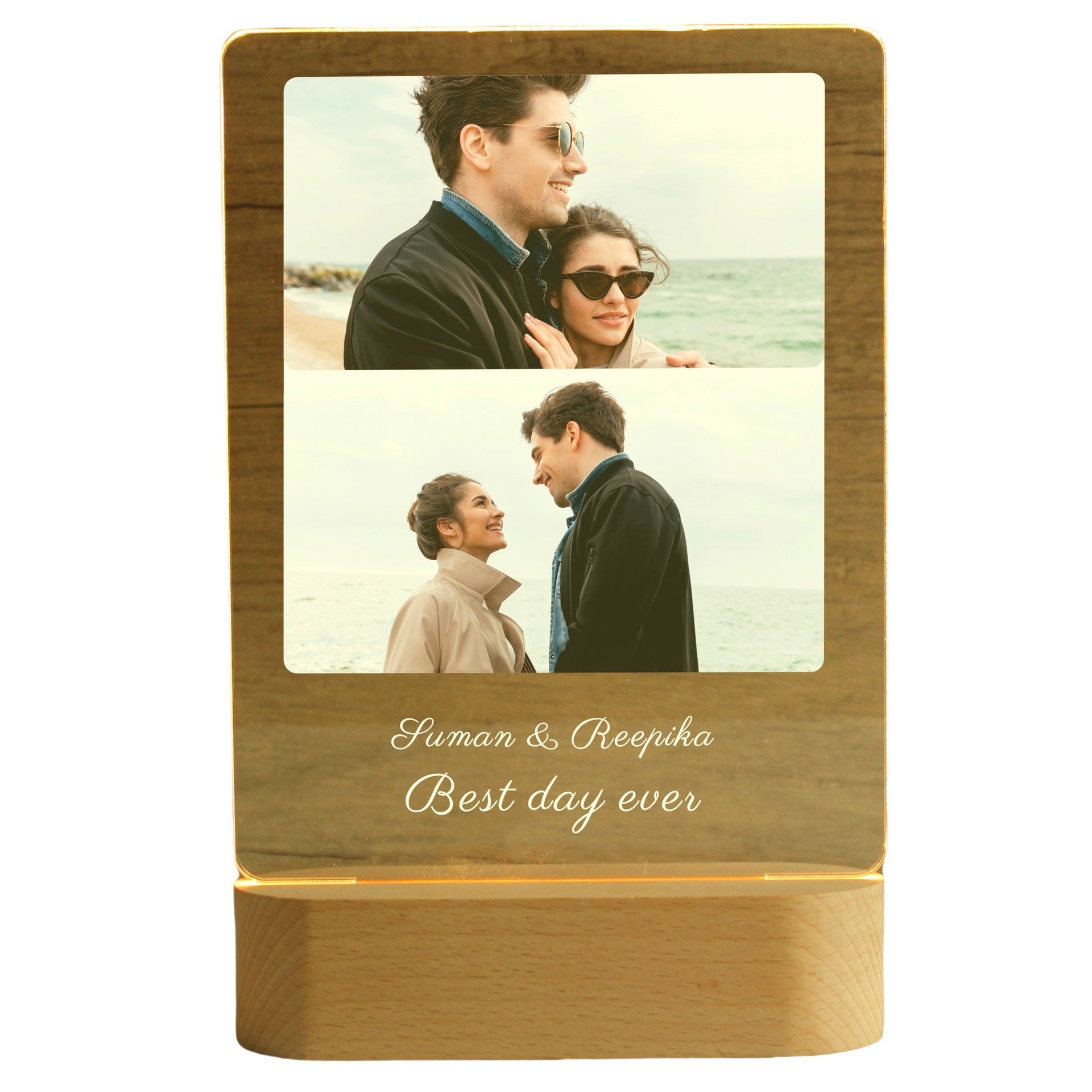 Close-up of engraved photo and name on acrylic night light