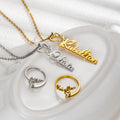 Personalised butterfly name necklace and matching ring in gold and silver – custom engraved gift for her.
