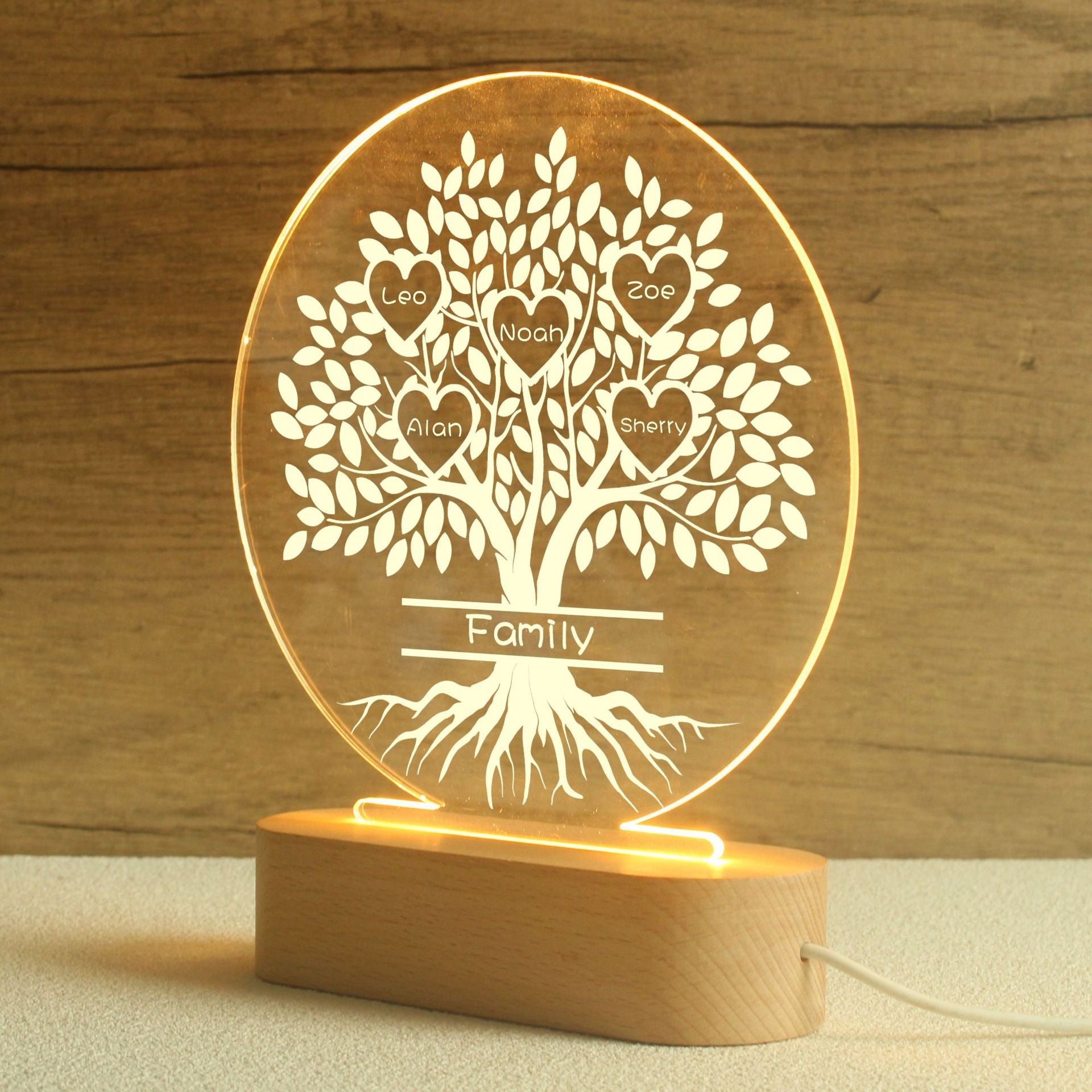 Glowing personalised night light with family names – warm home décor gift