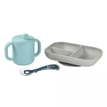Beaba Silicone Learning Meal Set and Cup - Blue/Grey