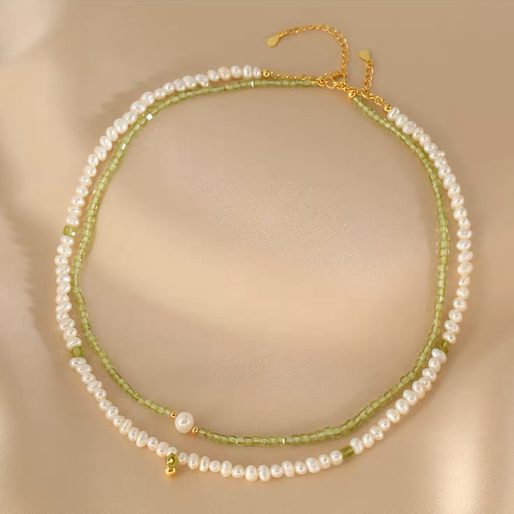 handmade double layer freshwater pearl necklace with peridot beads in s925 sterling silver