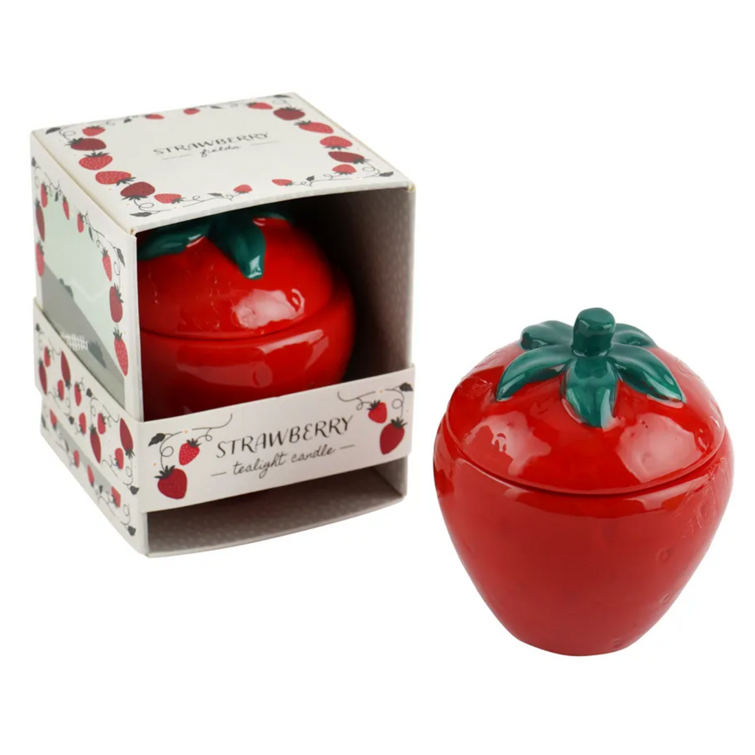 Strawberry-shaped ceramic tealight candle with green lid and gift box – sweet fruity scent home décor gift.