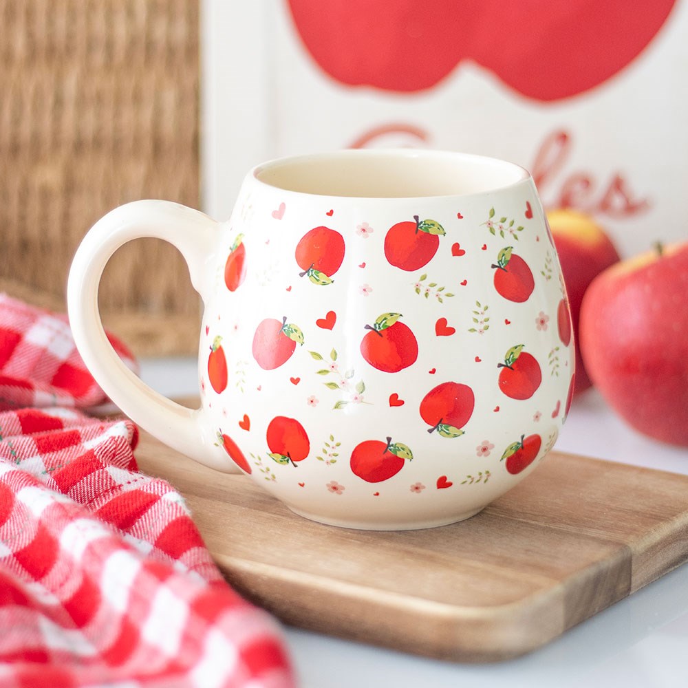 Apple Print Rounded Mug with red apple and heart pattern, ceramic rounded cup with countryside design, comes in coloured gift box.
