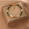 Handmade pearl and malachite necklace and bracelet set with 14K gold plated details