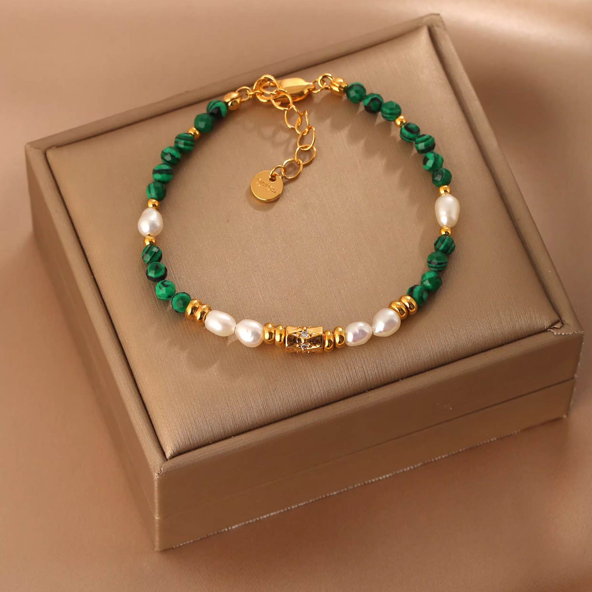 Handmade pearl and malachite necklace and bracelet set with 14K gold plated details