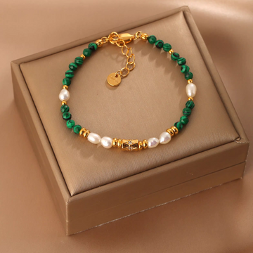 Handmade pearl and malachite necklace and bracelet set with 14K gold plated details