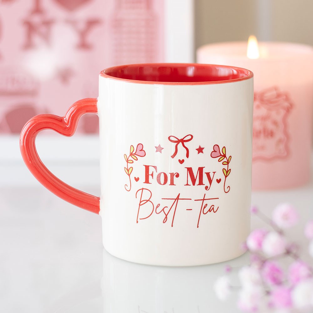 White and red ceramic mug with heart handle and “For My Best-Tea” text – thoughtful gift mug for her, perfect for birthdays or Galentine’s Day