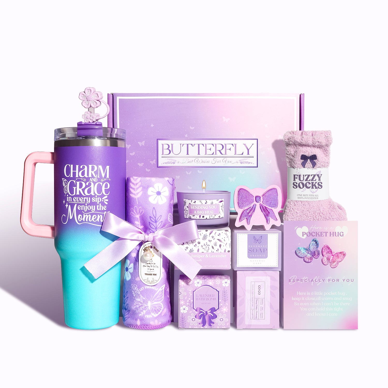 Purple butterfly themed gift box including 40oz tumbler, fuzzy socks, lavender towel, candle, bath bomb, soap and pocket hug card.