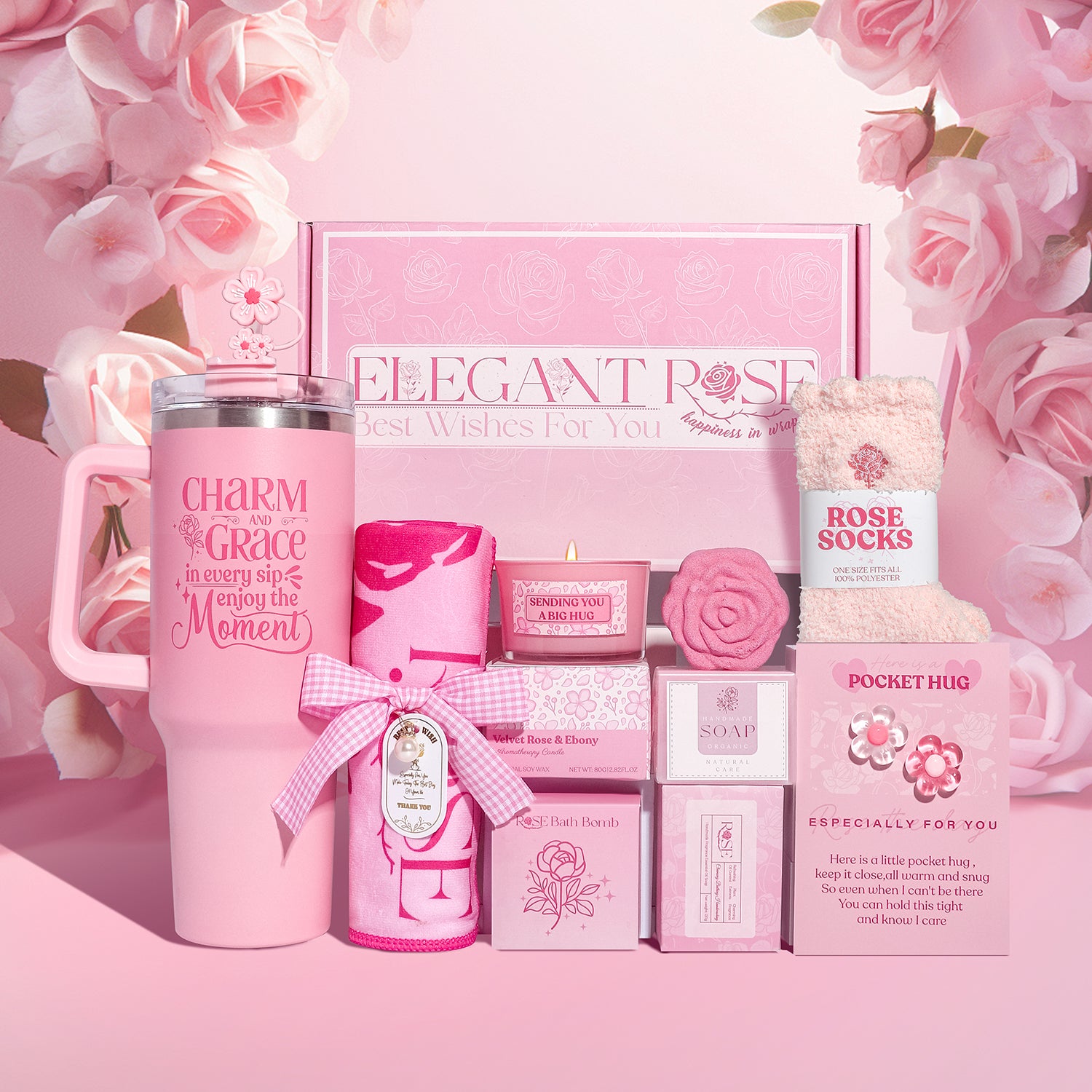 Pink Elegant Rose pamper gift box with tumbler, towel, fuzzy socks, candle, rose soap, bath bomb and pocket hug card.
