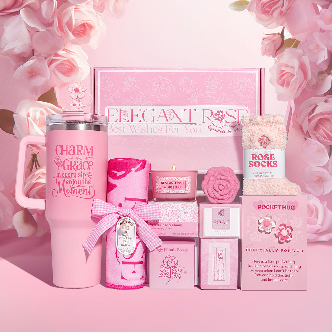Pink Elegant Rose pamper gift box with tumbler, towel, fuzzy socks, candle, rose soap, bath bomb and pocket hug card.