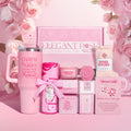 Pink Elegant Rose pamper gift box with tumbler, towel, fuzzy socks, candle, rose soap, bath bomb and pocket hug card.