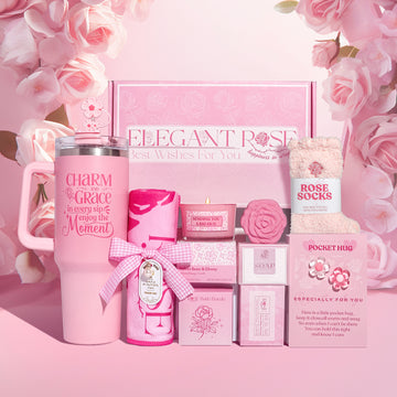Pink Elegant Rose pamper gift box with tumbler, towel, fuzzy socks, candle, rose soap, bath bomb and pocket hug card.