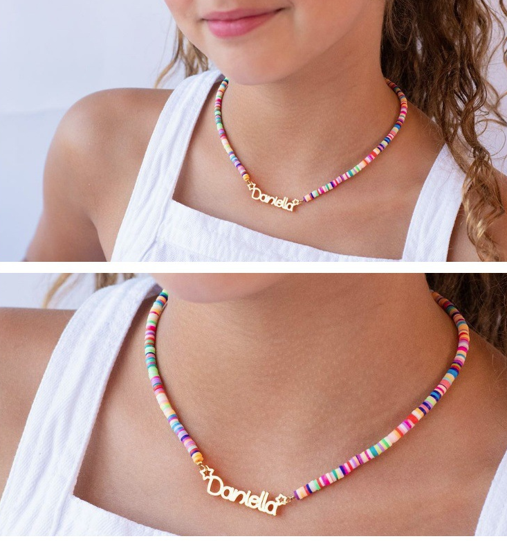 Woman wearing colourful name bead necklace – personalised everyday jewellery