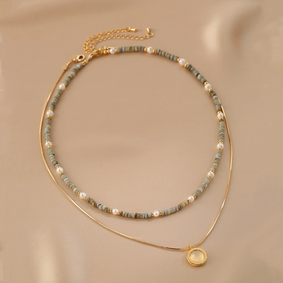 Handmade layered necklace with pearls and colour stone beads