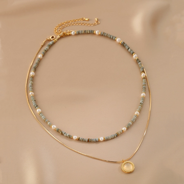 Handmade layered necklace with pearls and colour stone beads