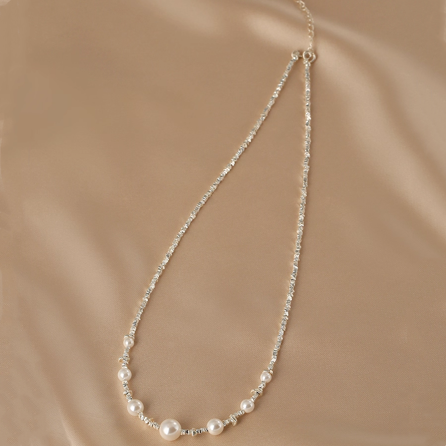 Handmade silver-textured pearl necklace with S925 chain