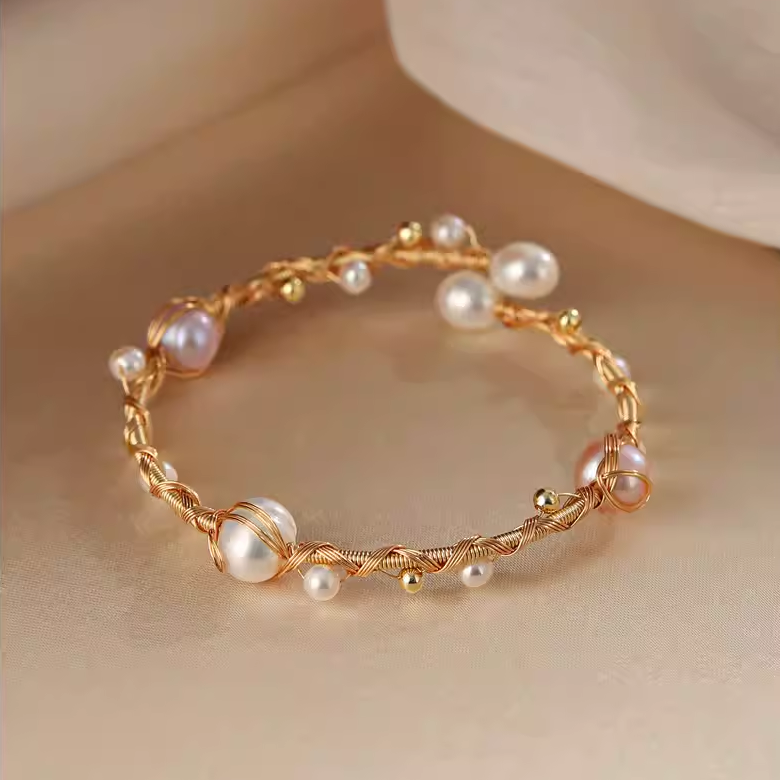 Handmade natural pearl open cuff bracelet with vintage wire wrapped design