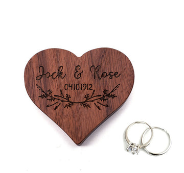 Heart-shaped walnut ring box with custom engraved names