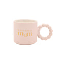 Pink ceramic “Wonderful Mum” mug with gold lettering, bubble-style handle, and pastel confetti interior — boxed mug gift for mothers.