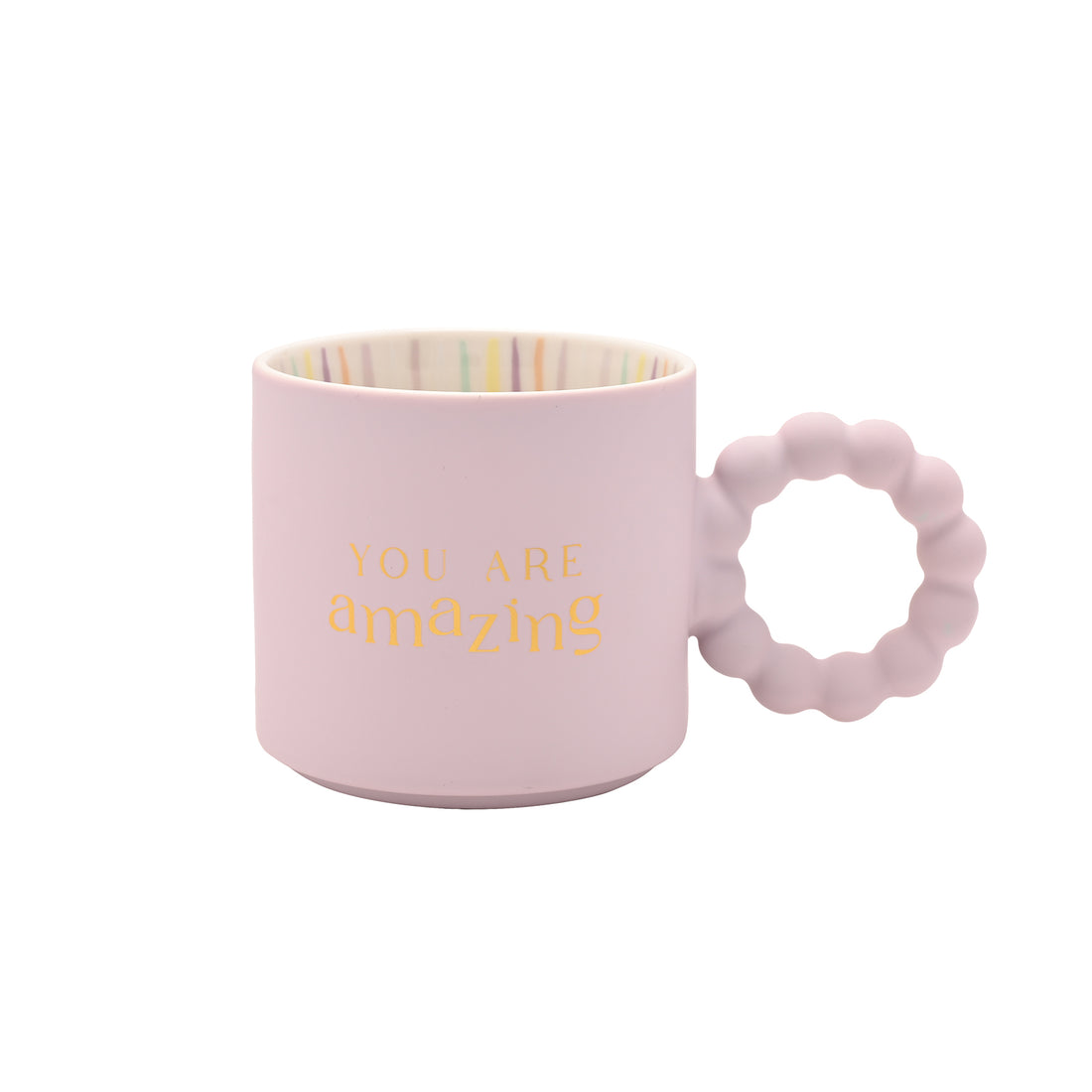Blush pink ceramic “You Are Amazing” mug with gold lettering, rainbow-striped interior, and bubble handle — motivational boxed mug gift.
