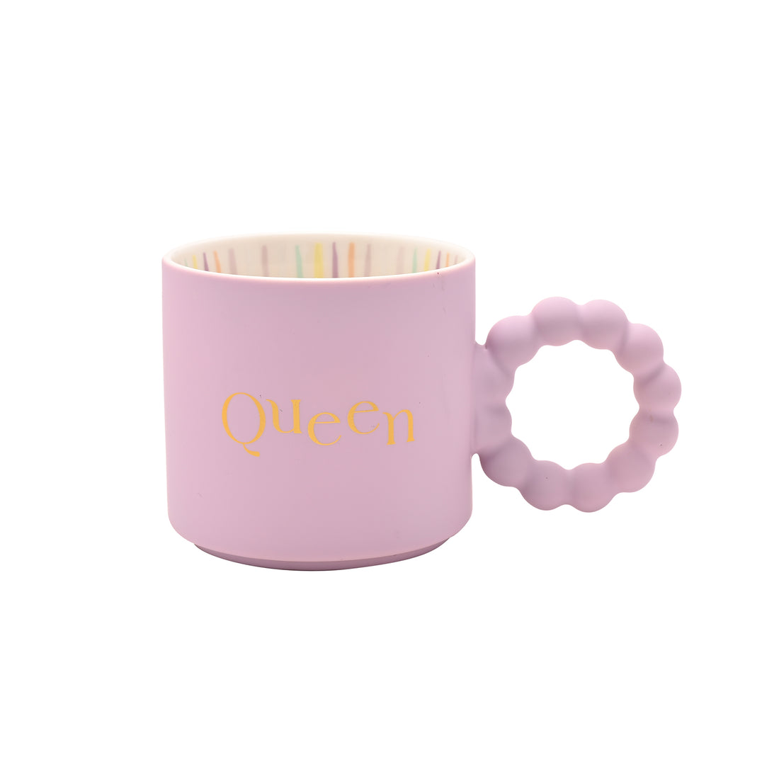 Lavender ceramic “Queen” mug with gold lettering, bubble-style handle, and rainbow-striped interior — elegant boxed mug gift.