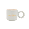 White ceramic “Wonderful Daughter” mug with gold text, bubble-style handle, and pastel confetti interior — gift boxed mug.