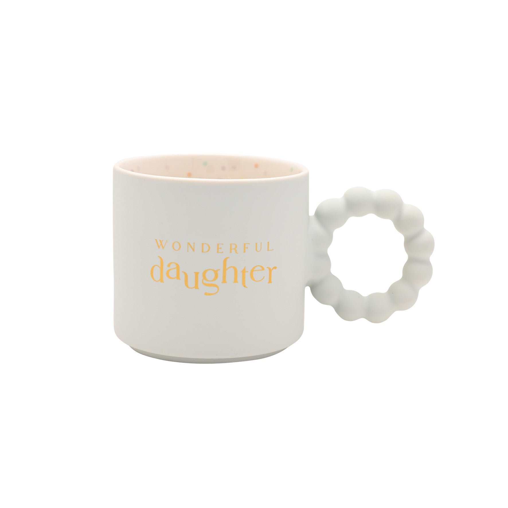 White ceramic “Wonderful Daughter” mug with gold text, bubble-style handle, and pastel confetti interior — gift boxed mug.