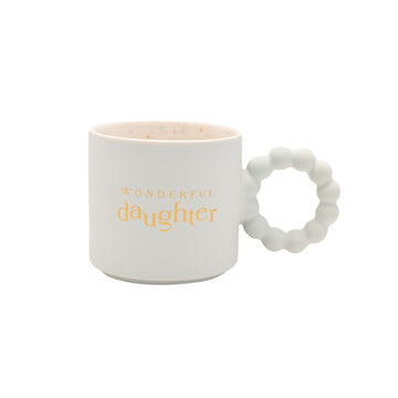 White ceramic “Wonderful Daughter” mug with gold text, bubble-style handle, and pastel confetti interior — gift boxed mug.