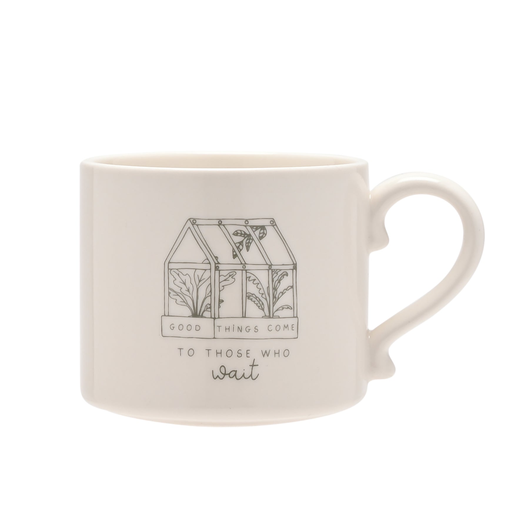 Ivory ceramic mug with greenhouse drawing and “Good things come to those who wait” quote — elegant inspirational mug in gift box.
