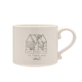Ivory ceramic mug with greenhouse drawing and “Good things come to those who wait” quote — elegant inspirational mug in gift box.