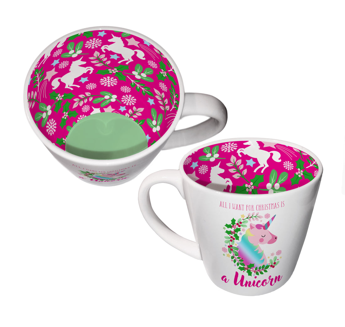 Unicorn Christmas Inside Out Mug with festive pink unicorn interior and gift box, perfect Christmas gift for kids or unicorn lovers.