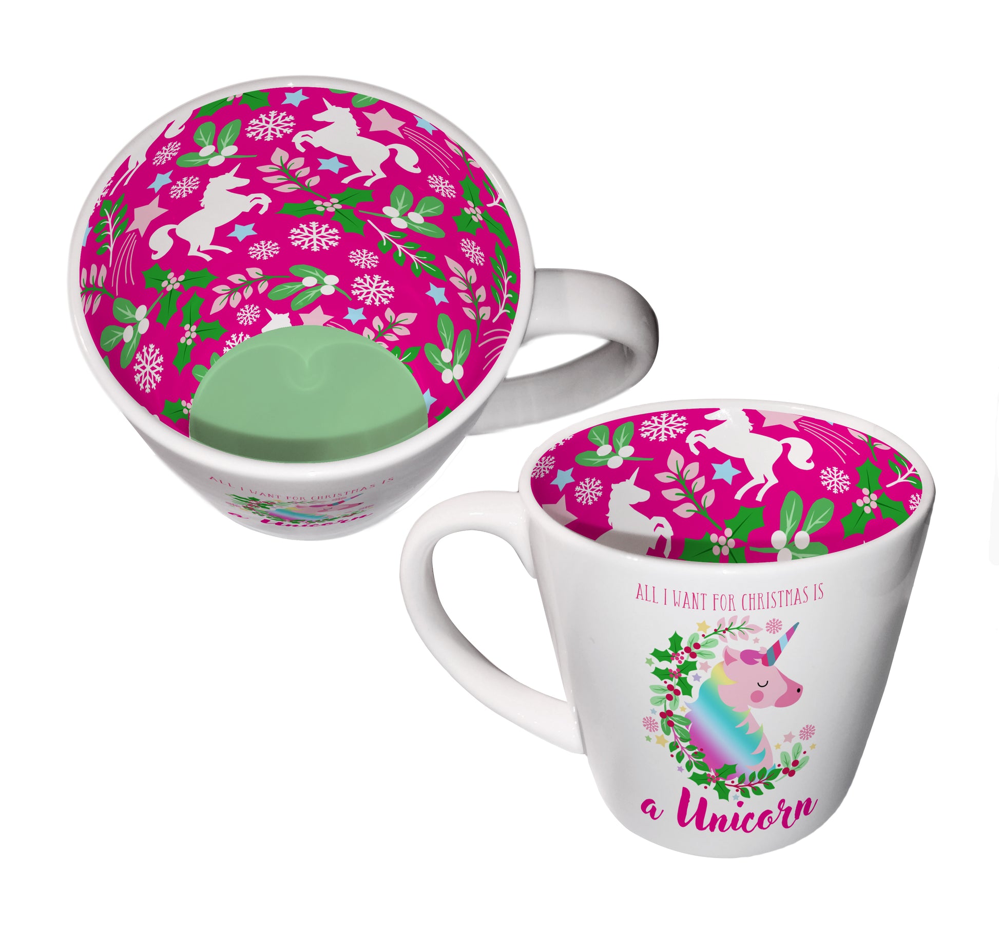 Unicorn Christmas Inside Out Mug with festive pink unicorn interior and gift box, perfect Christmas gift for kids or unicorn lovers.