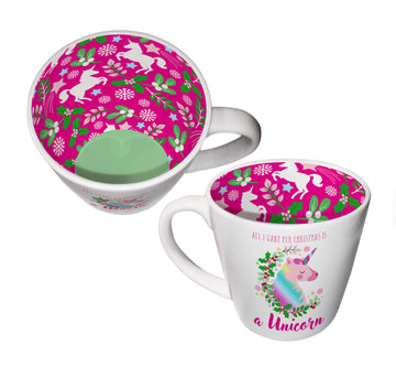 Unicorn Christmas Inside Out Mug with festive pink unicorn interior and gift box, perfect Christmas gift for kids or unicorn lovers.