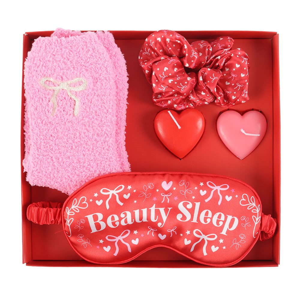 Self Love Beauty Sleep Gift Set with pink fluffy socks, satin eye mask, scrunchie & heart candles – relaxing pamper box and gift for her